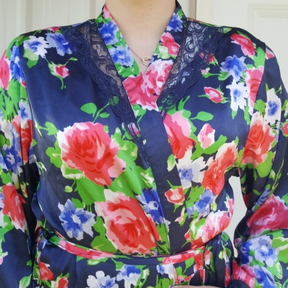 Vintage LM Lingerie Navy Floral Satin Robe (L)